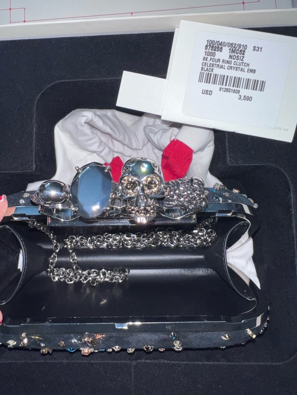 🪐 Alexander McQueen Skull Four Ring Celestial Embellished Suede Box Clutch - Picture 8 of 8